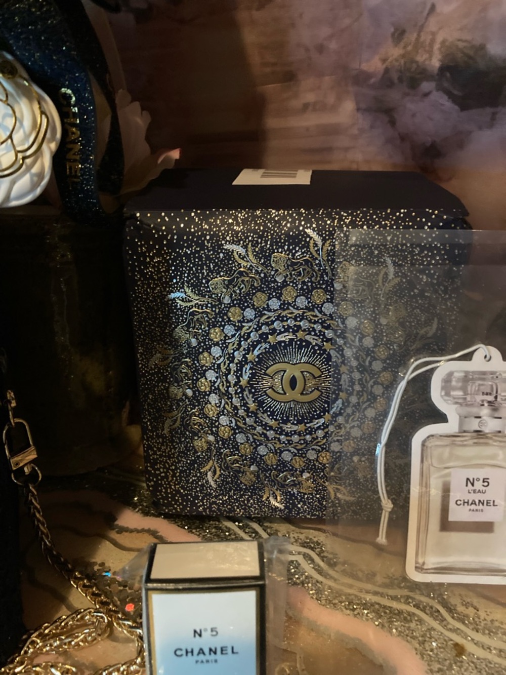 CHANEL  Navy Blue and Gold Glitter Crossbody with Camellia Charm, perfume bundle - Picture 7 of 7